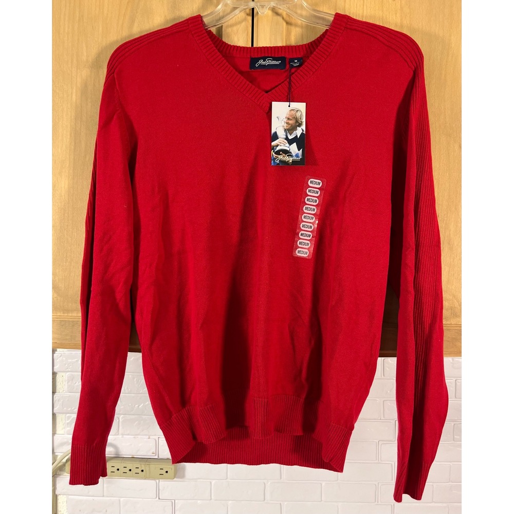 Jack Nicklaus V-Neck Sweater Mens Medium Red Cotton Knit Golden Bear Logo NWT